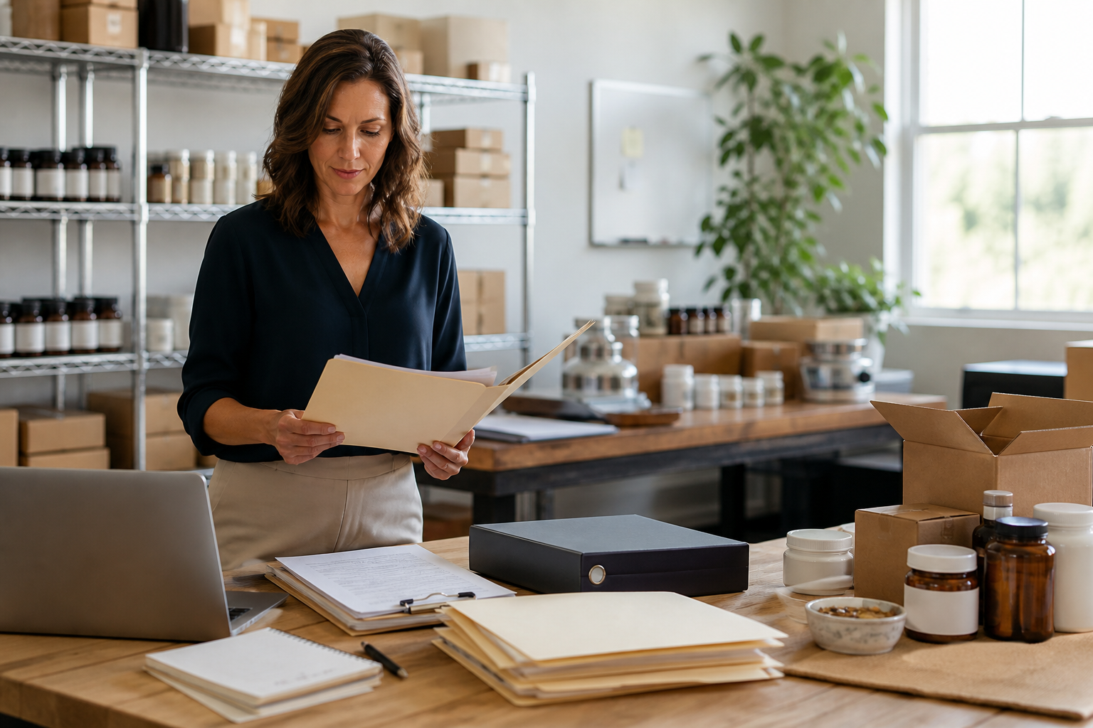 Wellness product business owner reviewing inventory and supplier records