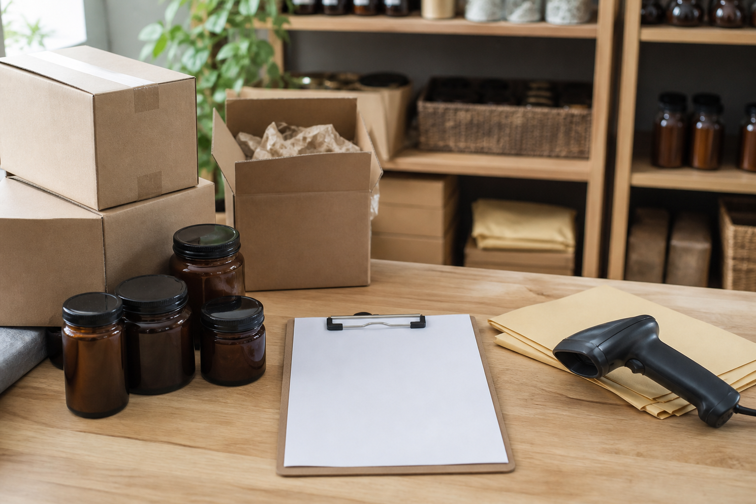 Wellness product inventory table with blank records and unbranded jars